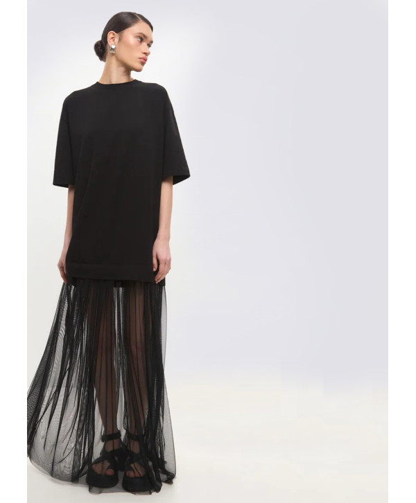 Сукня футболка з сіткою максі, чорна