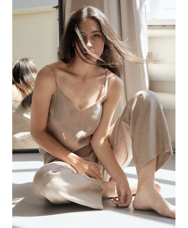 Топ на тонких бретелях лляний, бежевий