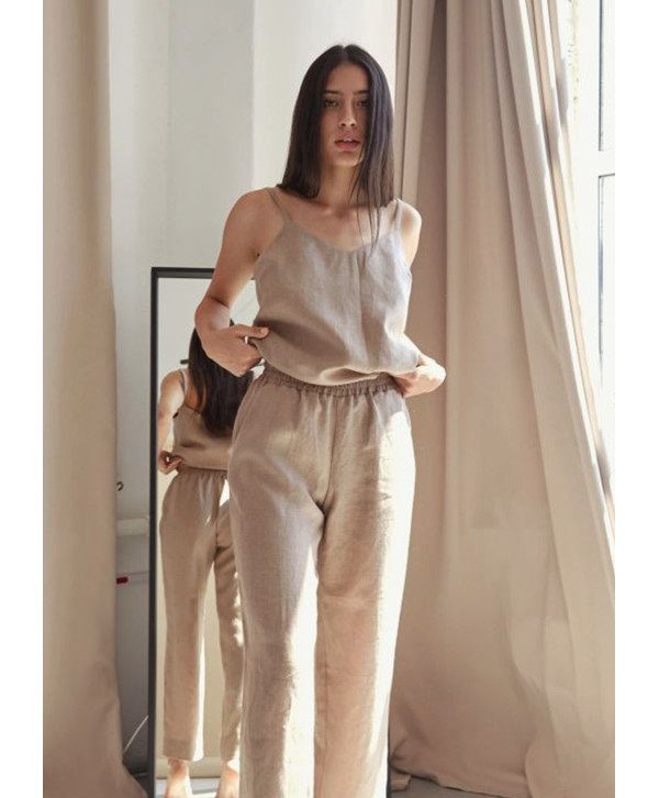 Топ на тонких бретелях лляний, бежевий