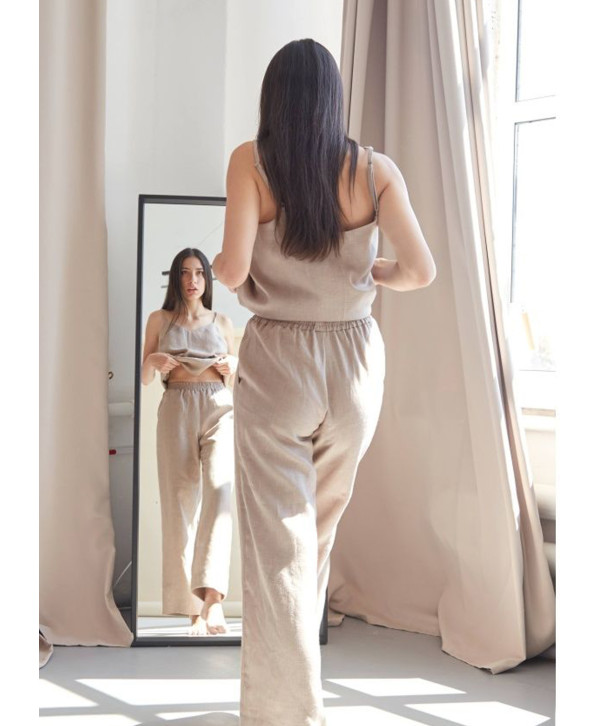 Топ на тонких бретелях лляний, бежевий