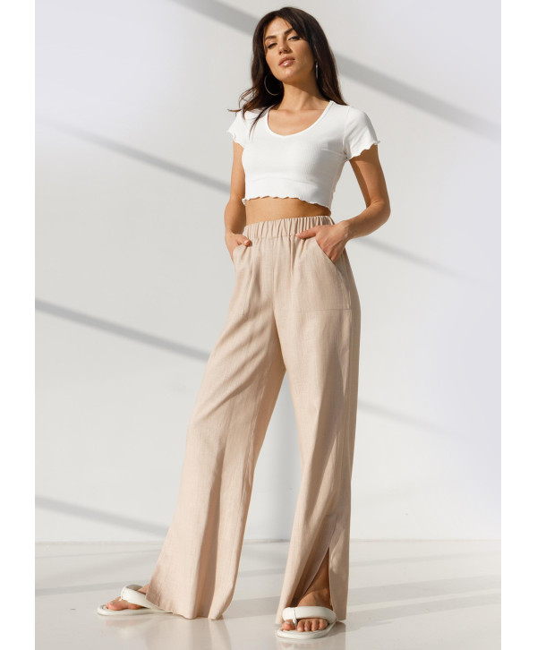 Брюки лляні з розрізами, бежеві Брюки лляні з розрізами, бежеві