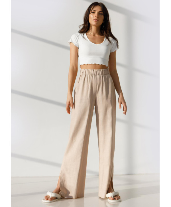Брюки лляні з розрізами, бежеві Брюки лляні з розрізами, бежеві